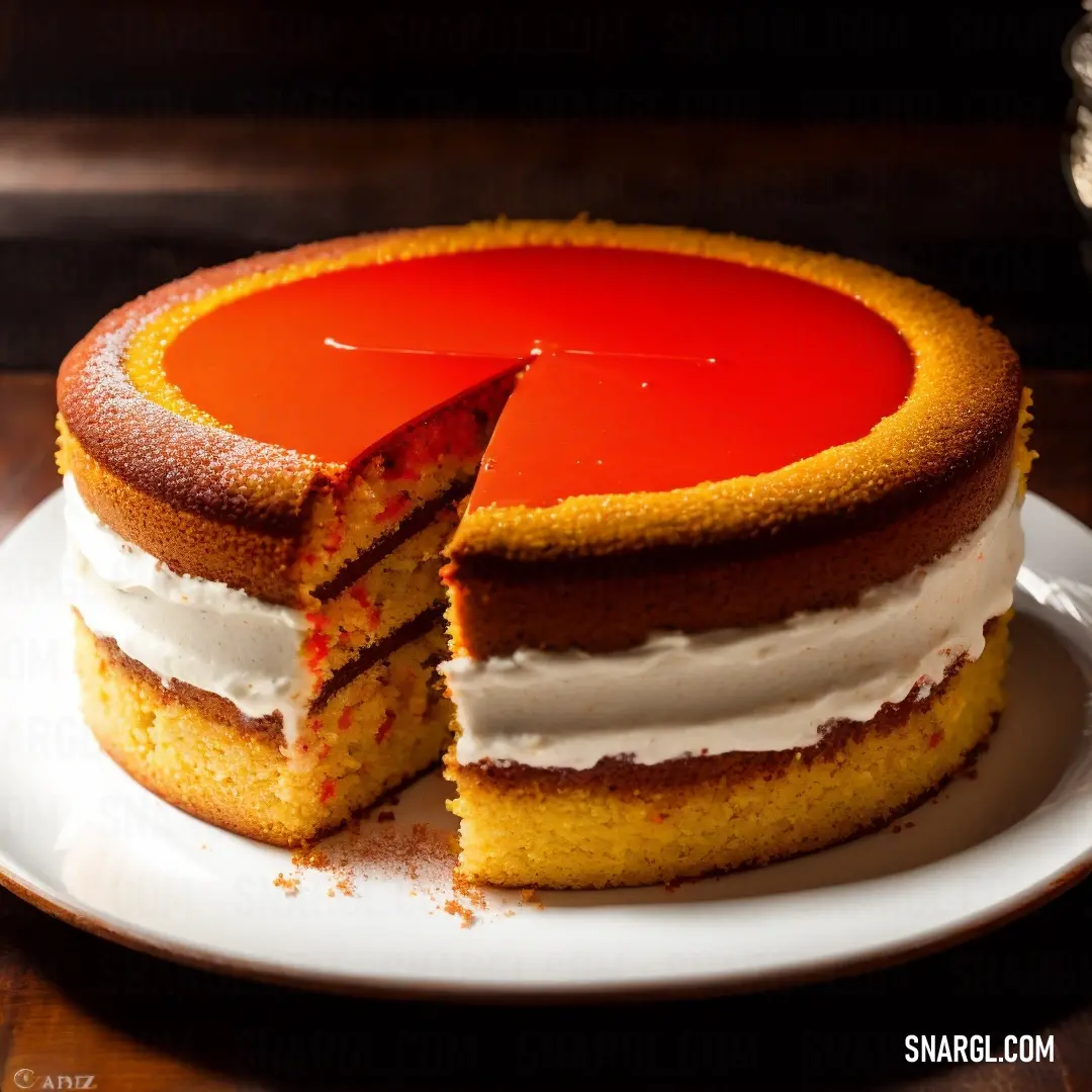 Ferrari Red color example: Cake with a slice cut out of it on a plate with a knife and fork next to it