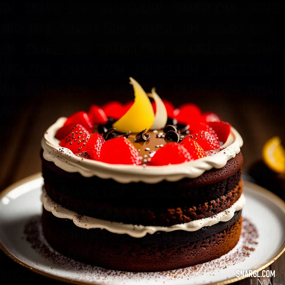 Chocolate cake with strawberries and chocolate shavings on top of it on a plate with a lemon slice