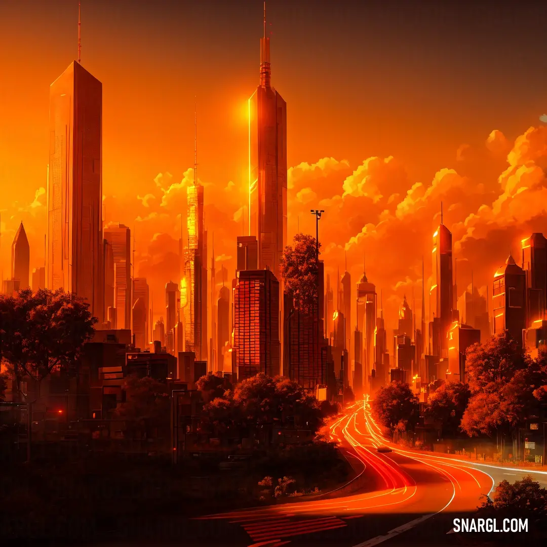 City with tall buildings and a street at sunset with a red glow of light coming from the buildings