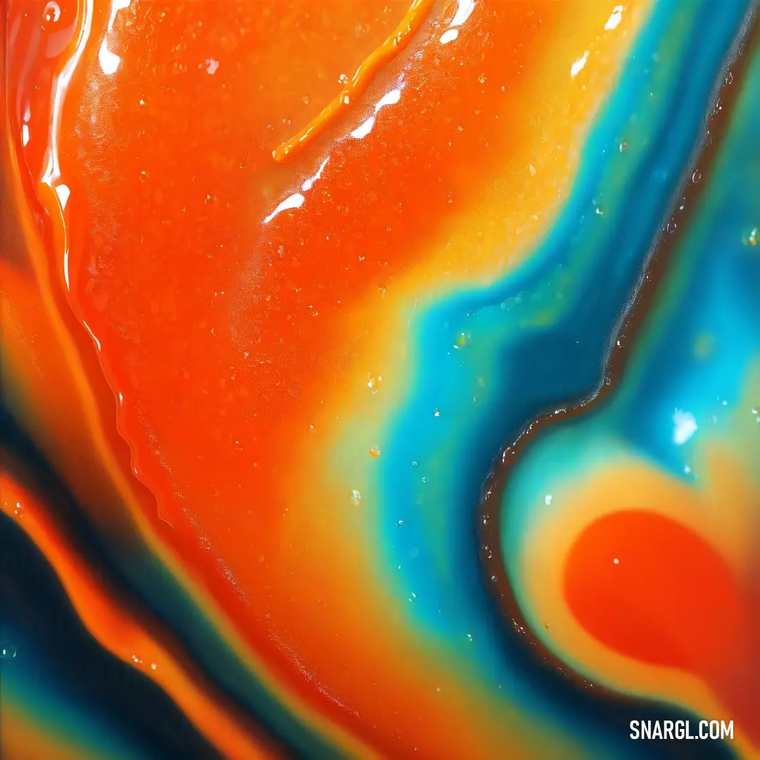 Close up of a liquid substance with a blue and orange swirl on it's surface