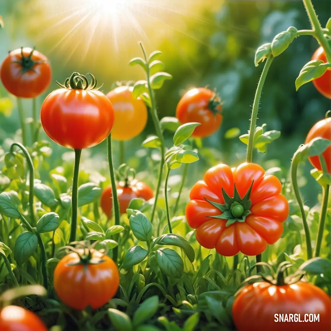 Field of tomatoes with the sun shining in the background. Color RGB 255,40,0.