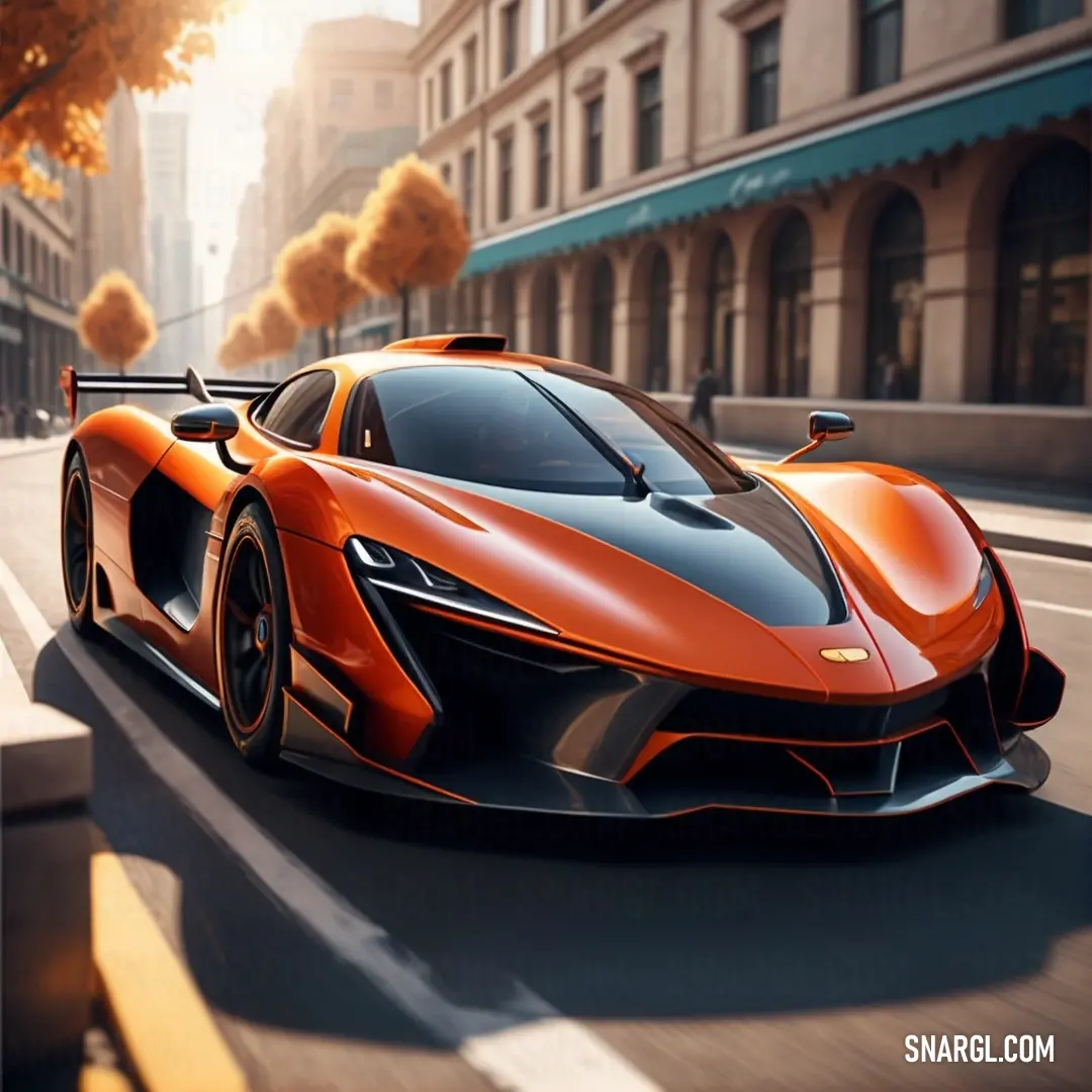 Orange sports car driving down a city street in a game scene with a blurry background. Color #FF2800.