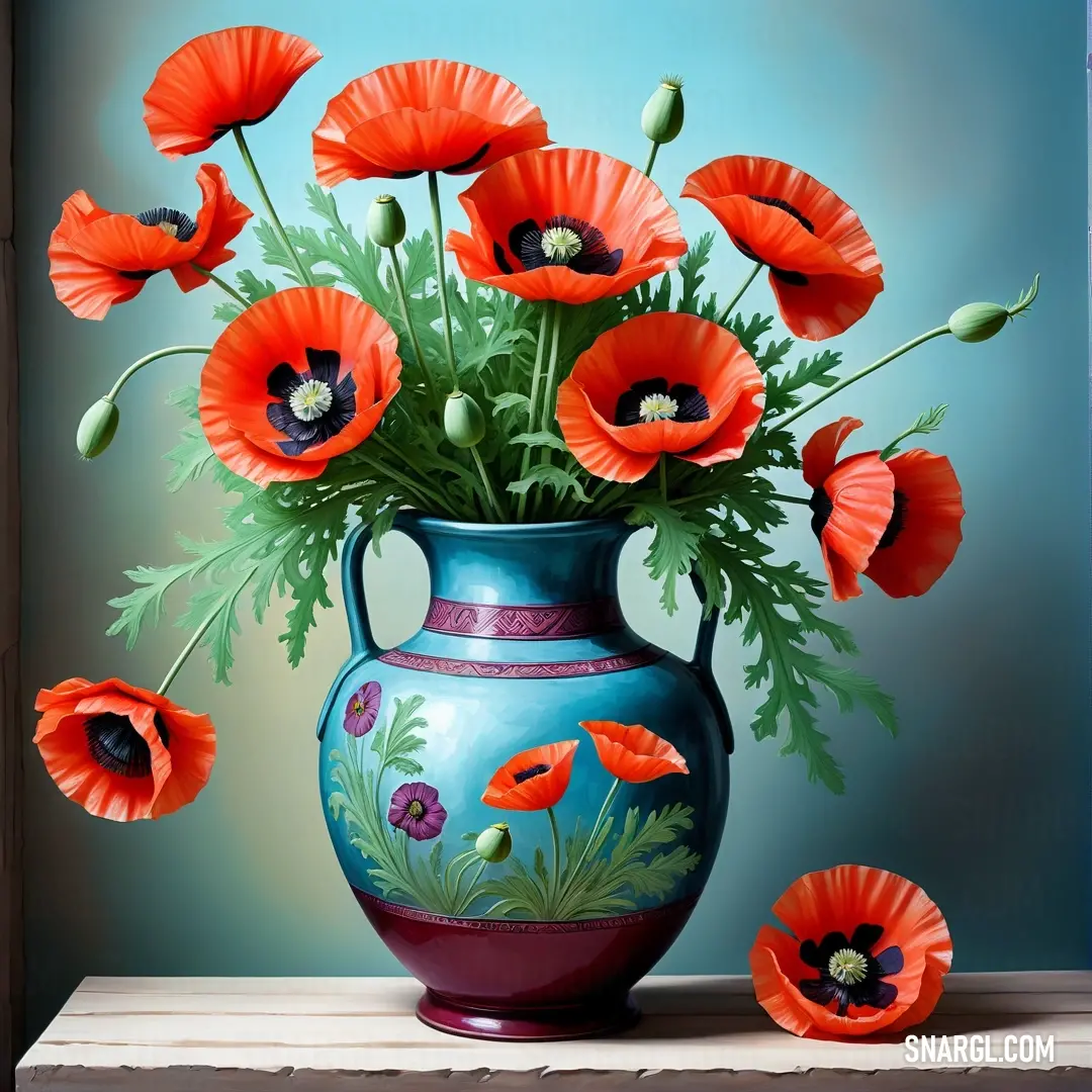 Painting of a vase with red flowers in it and a blue background. Example of CMYK 0,84,100,0 color.