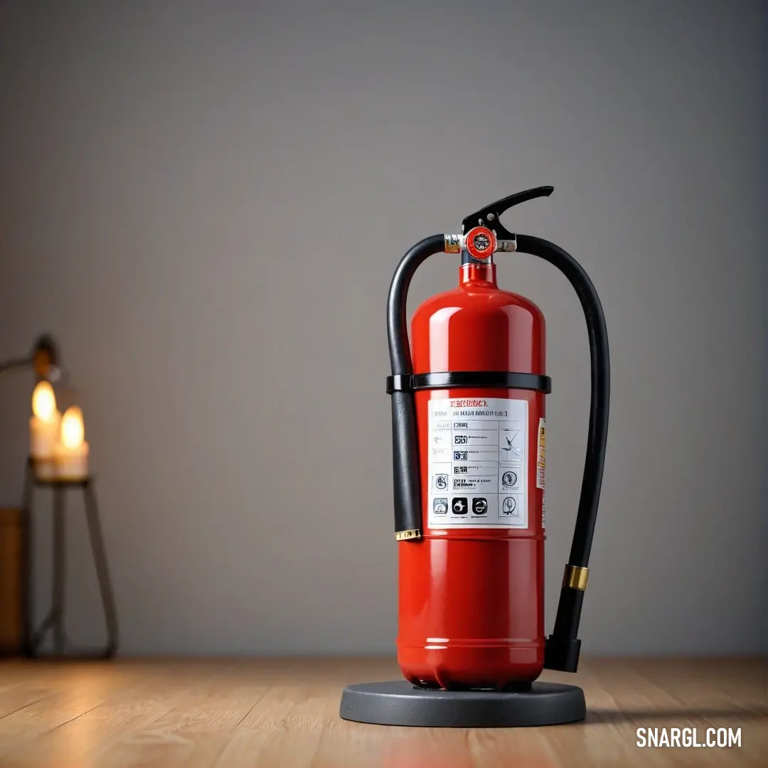 Red fire extinguisher on a wooden table next to a lit candle and a lamp. Example of #FF2800 color.