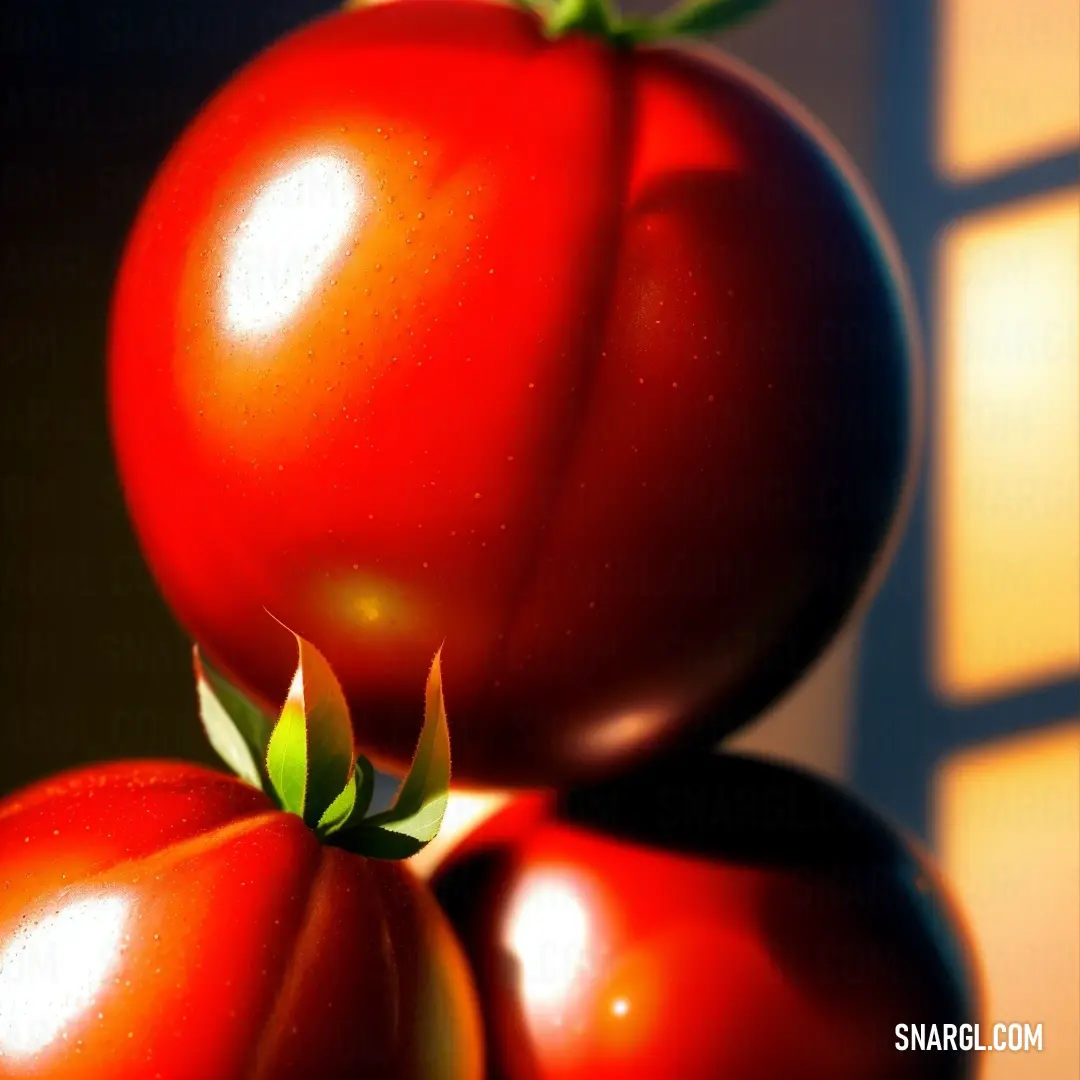 Ferrari Red color. Group of tomatoes on top of each other on a table top with a window in the background