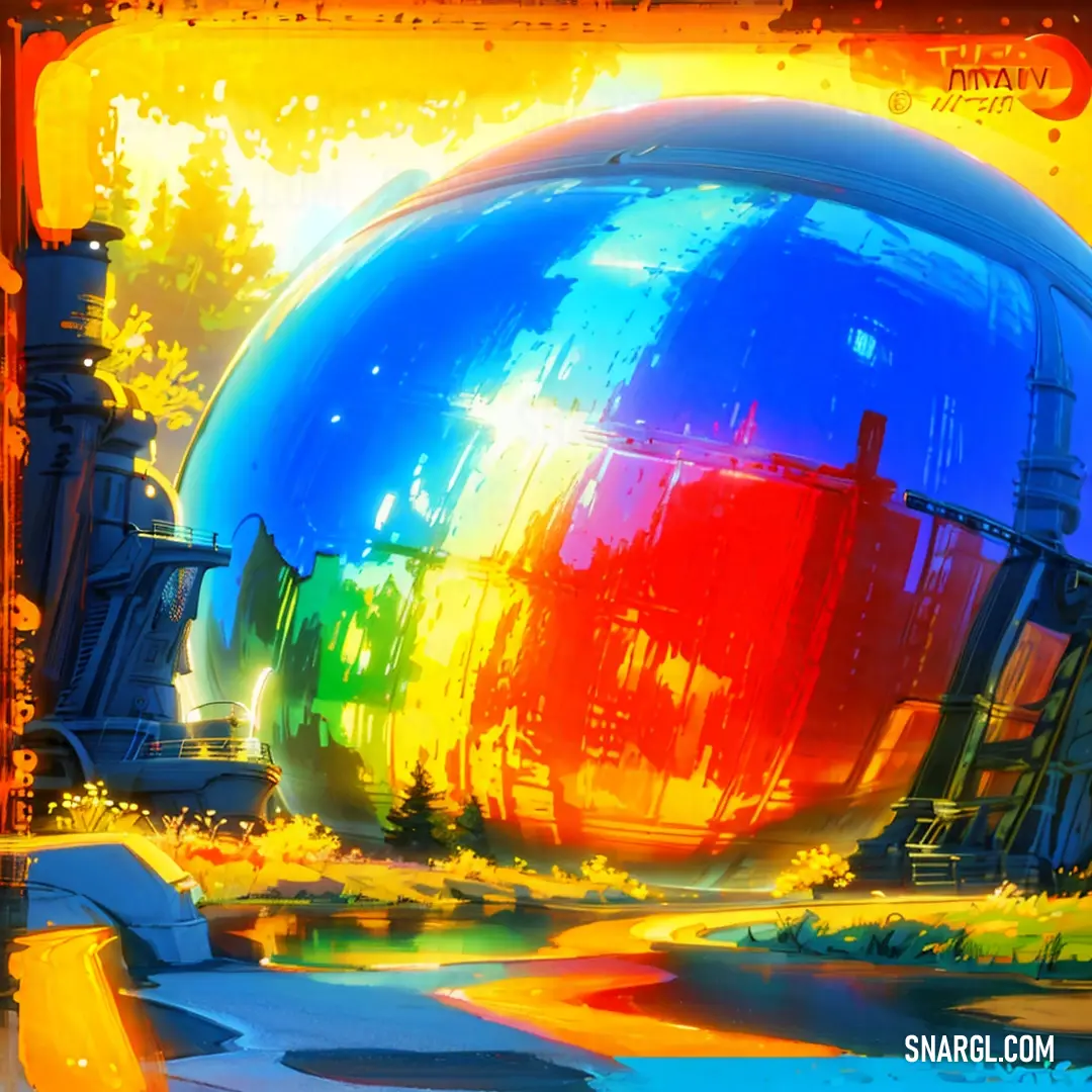 Large colorful ball in the middle of a park next to a forest and a building with a clock on it. Color RGB 255,40,0.