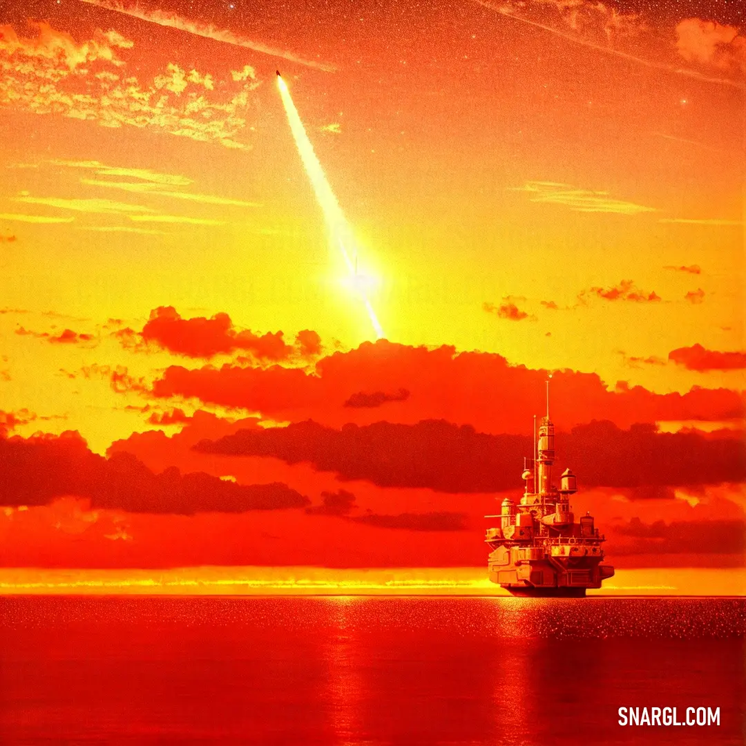 Large ship in the ocean with a bright orange sky behind it