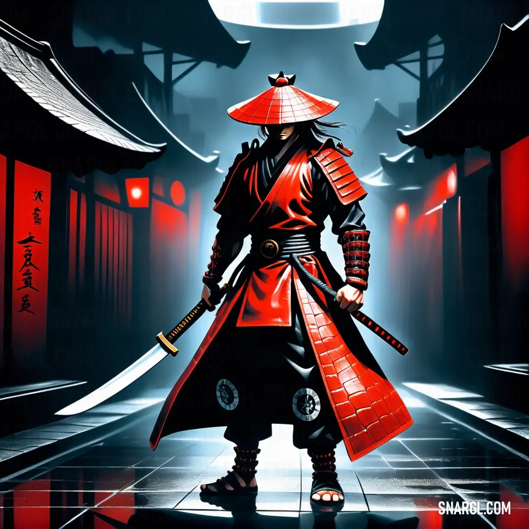 Man in a red and black outfit holding a sword in a dark alley with lanterns on either side. Example of RGB 255,40,0 color.