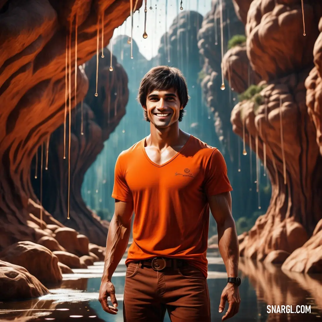 Man standing in a cave with a waterfall in the background. Example of Ferrari Red color.