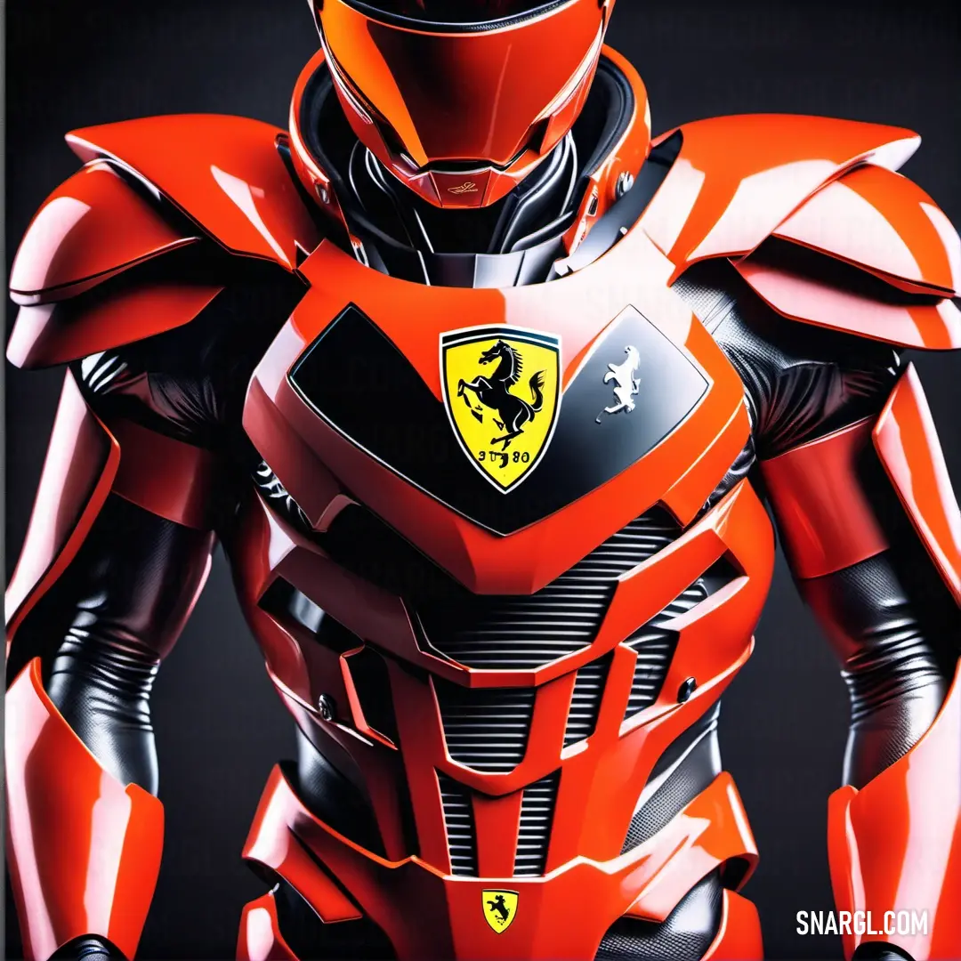 Red and black suit with a yellow emblem on it's chest and chest and a helmet on. Color Ferrari Red.