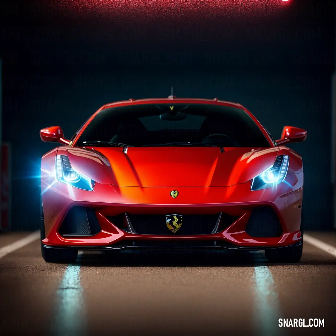 Red sports car parked in a garage with its headlights on and a red light on the front of it