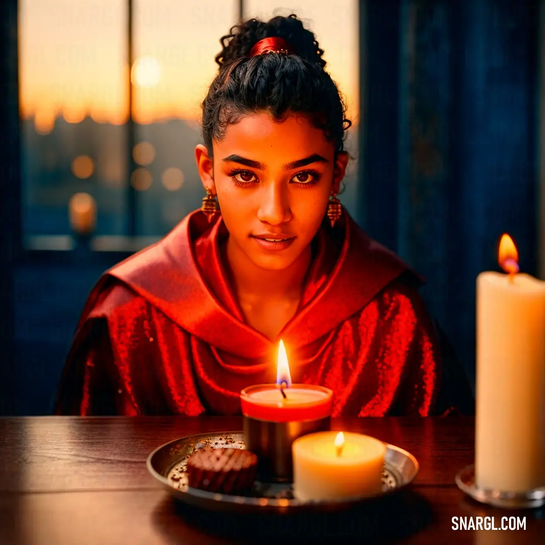 Woman at a table with a candle in front of her and a plate with a cake on it