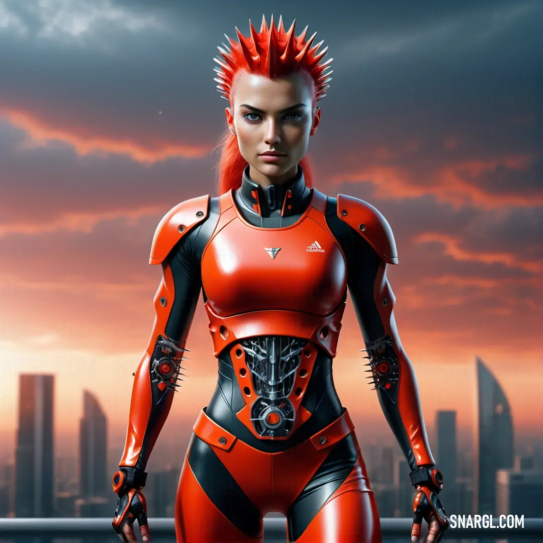 Woman in a futuristic suit with spiked hair standing in front of a city skyline at sunset or sunset. Example of #FF2800 color.