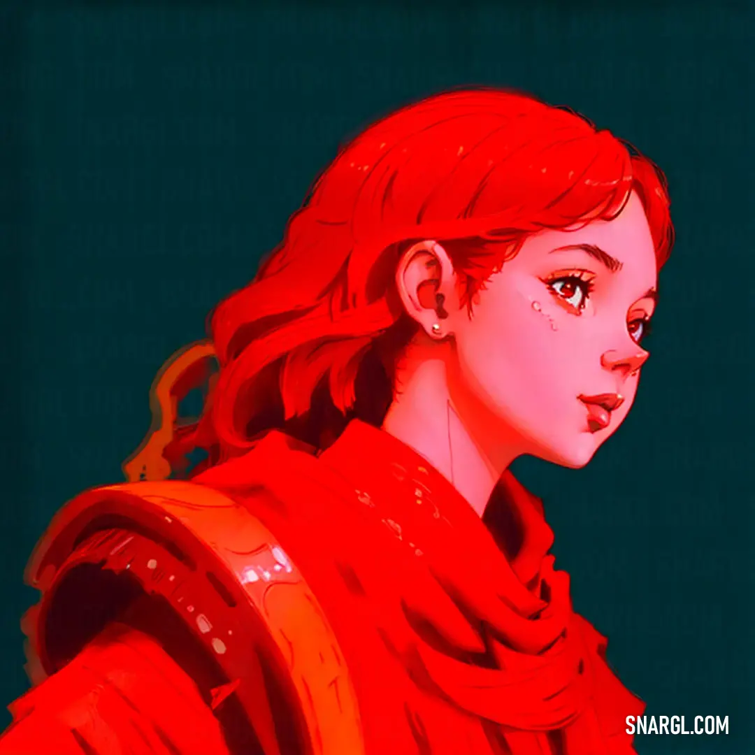 Woman with red hair and a red dress is staring at something in the distance with a green background. Example of RGB 255,40,0 color.