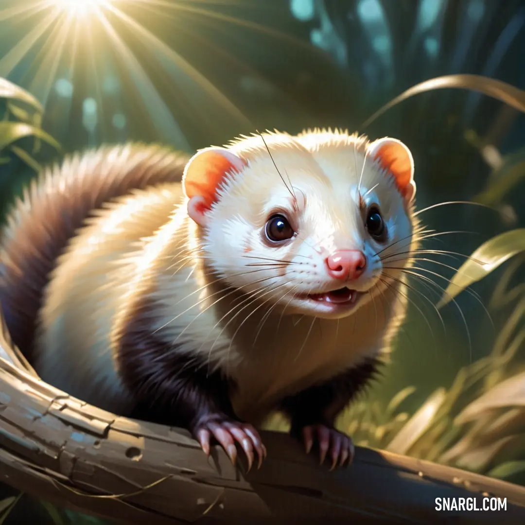 Ferret is on a branch in the grass and looking at the camera with a smile on its face