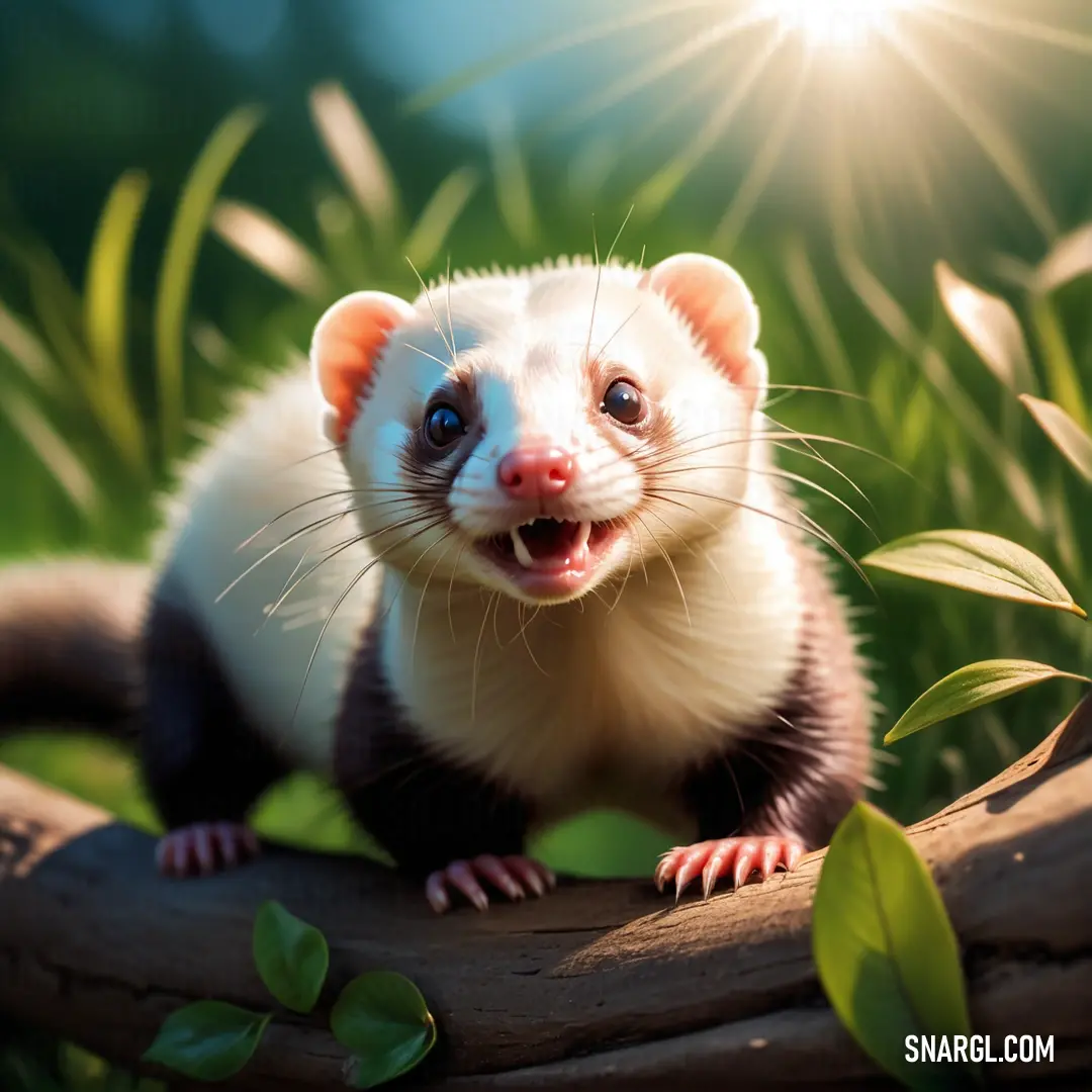 Ferret is on a branch and smiling at the camera with its mouth open and tongue out
