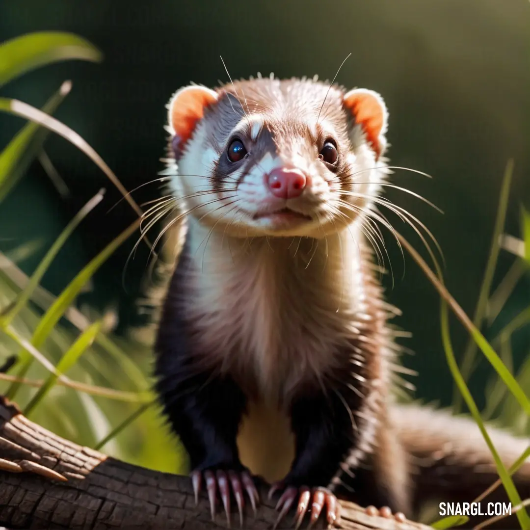 Ferret is on a branch in the grass and looking at the camera with a smile on its face