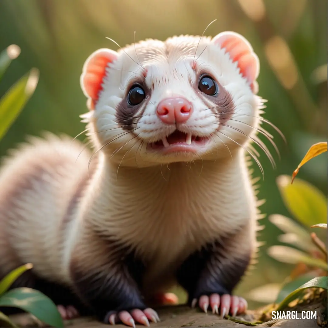 Ferret is on a rock and smiling at the camera with a blurry background