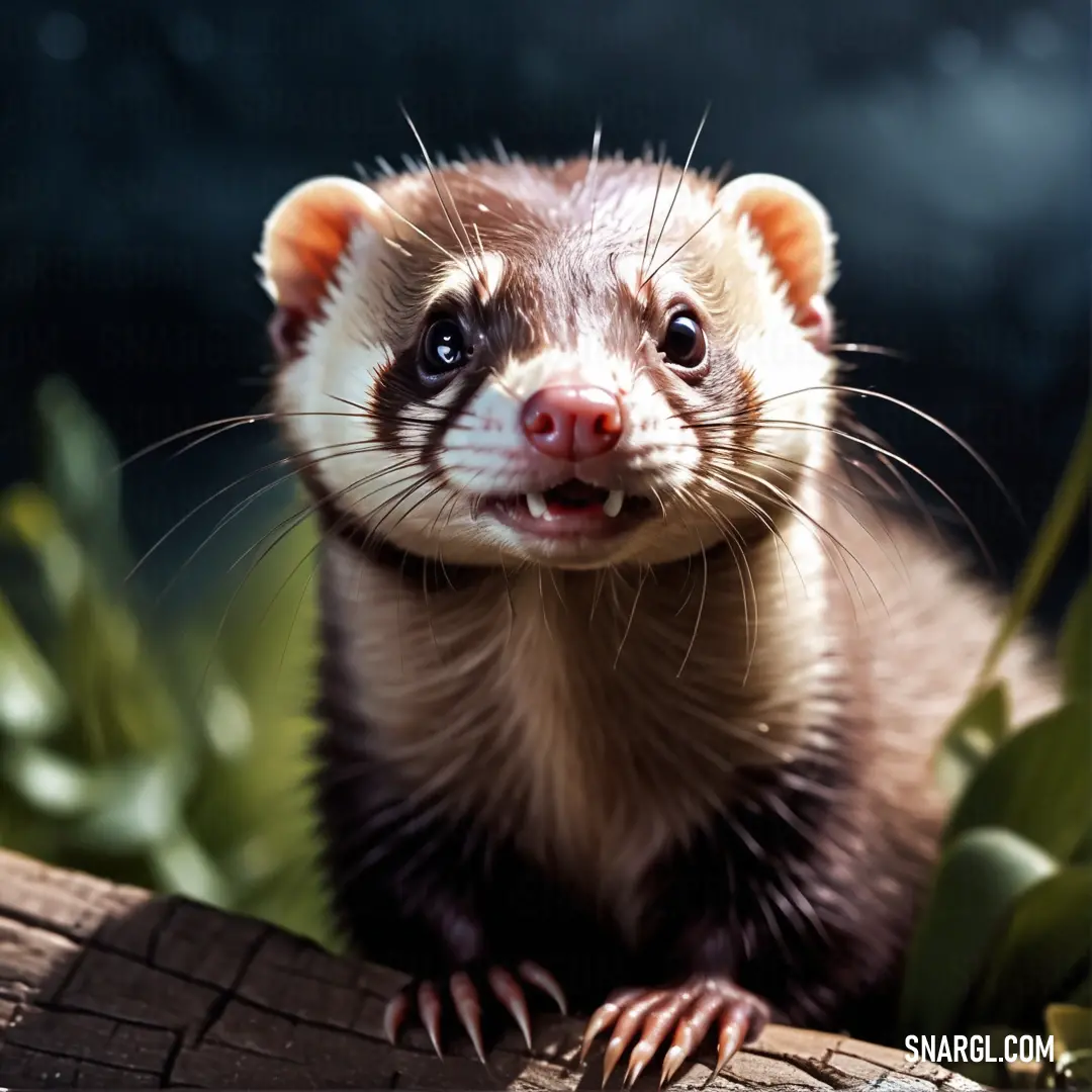 Ferret is standing on a log and looking at the camera with a smile on its face and a green background