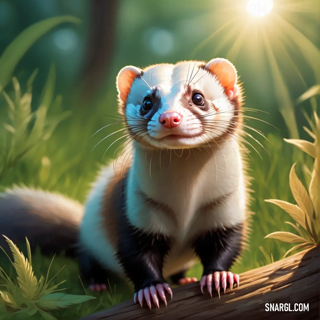 Ferret is standing on a log in the grass with the sun shining behind it and its eyes open