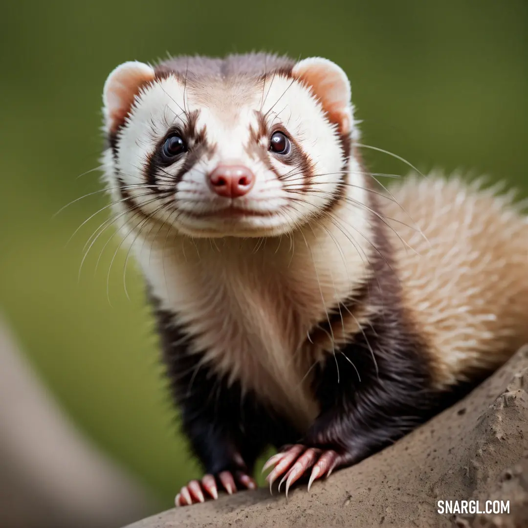 Ferret is standing on a rock looking at the camera with a smile on its face and a big