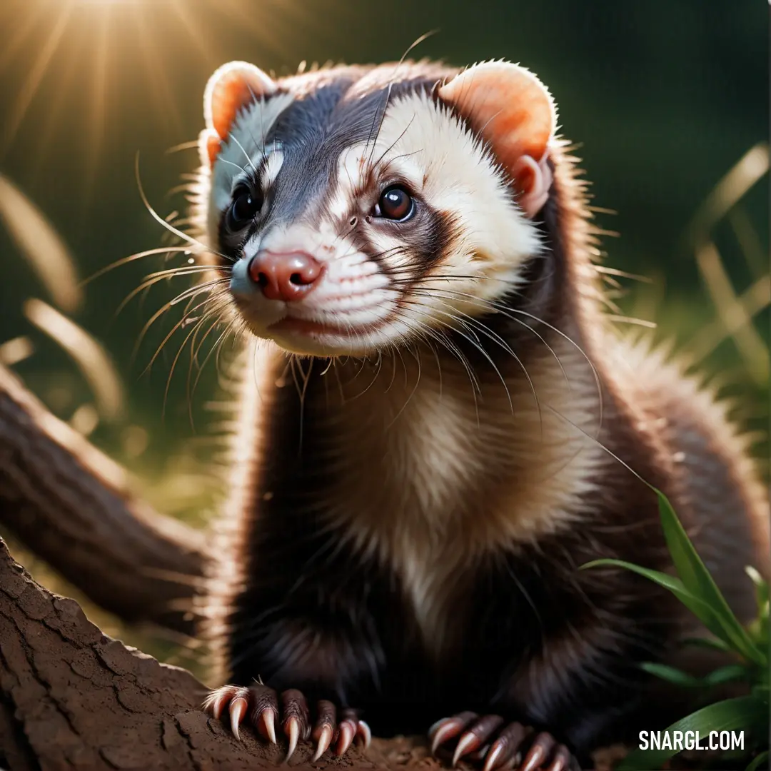 Ferret on a tree branch with the sun shining behind it and a blurry background