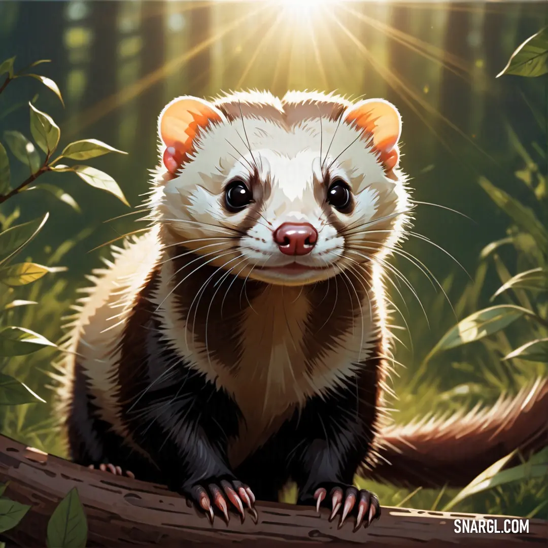 Ferret on a tree branch in the forest with the sun shining behind it and a background