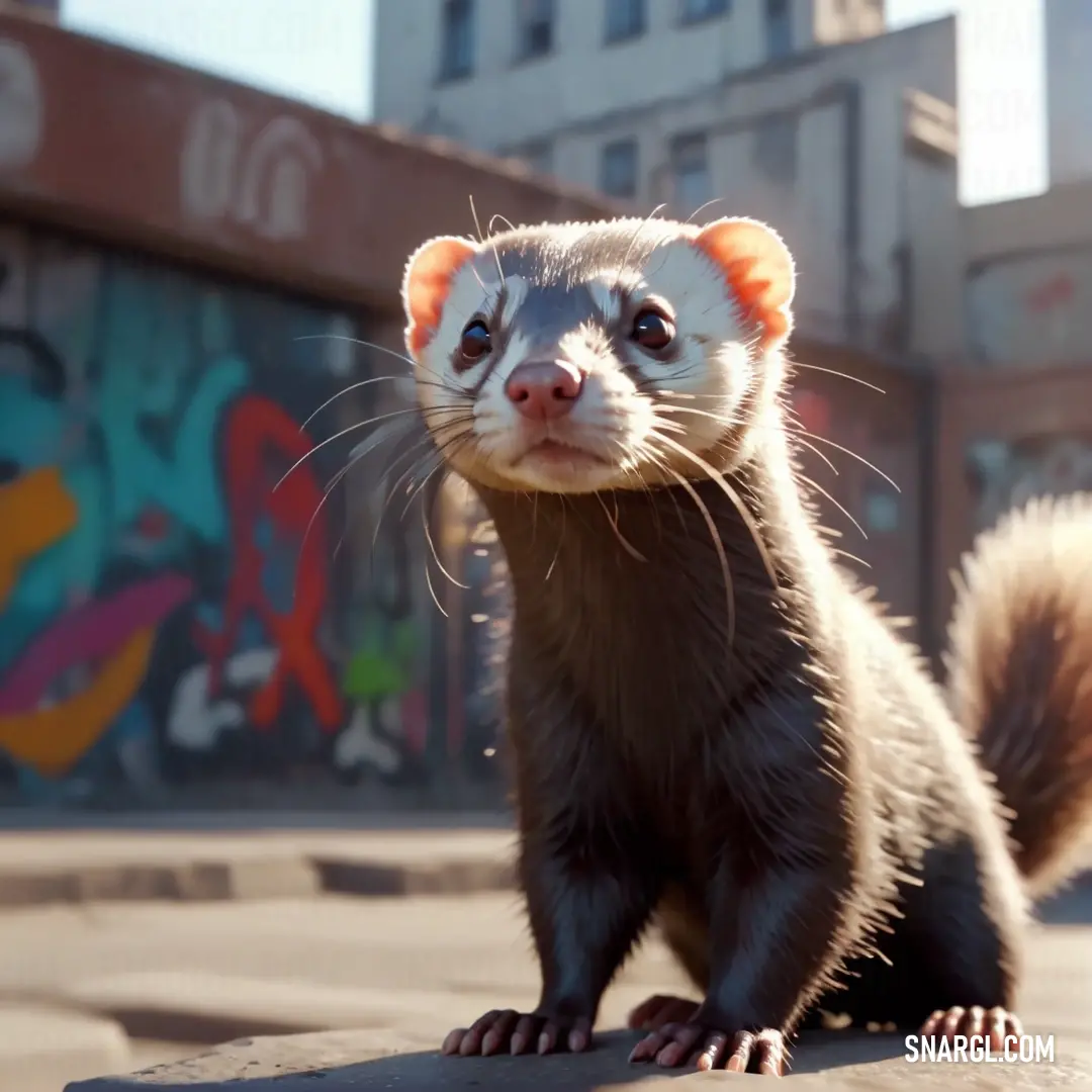 Ferret standing on a ledge in front of a building with graffiti on it's walls