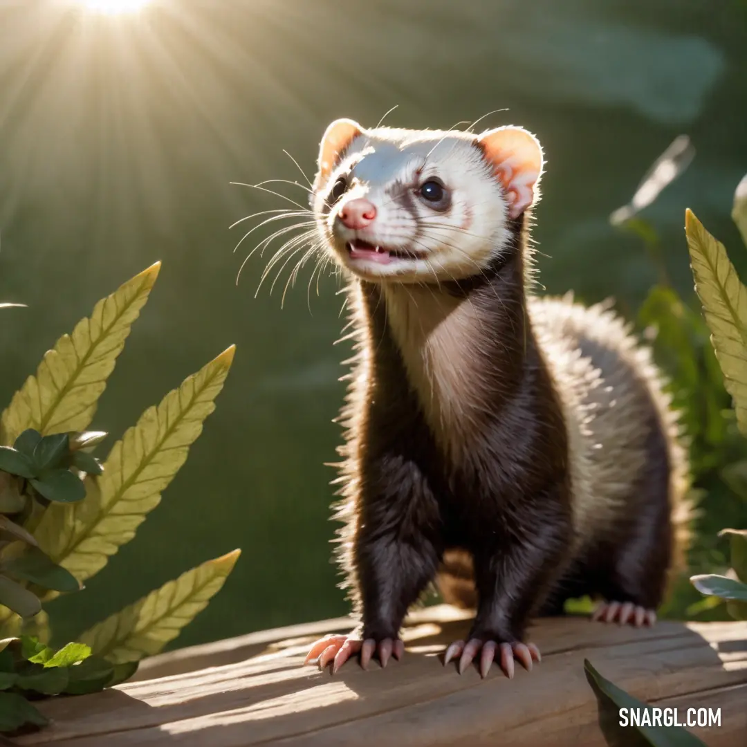 Ferret standing on a log in the sun with its mouth open