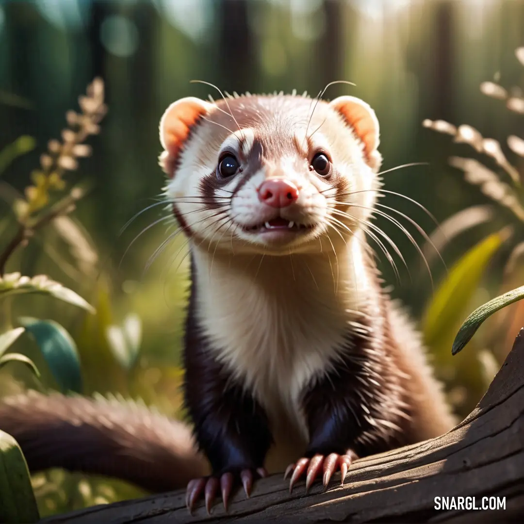 Ferret standing on a log in a forest looking at the camera with a smile on its face