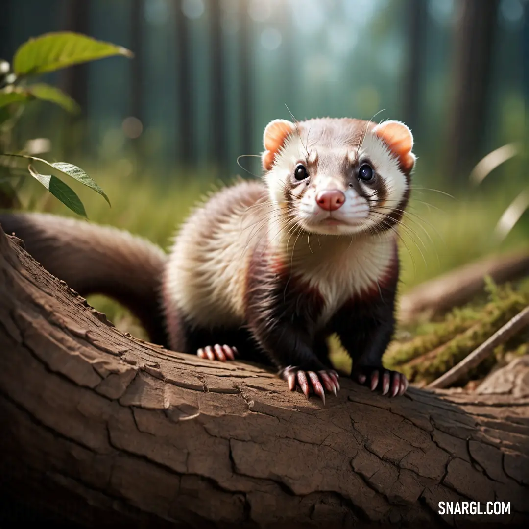 Ferret standing on a log in a forest with grass and trees in the background