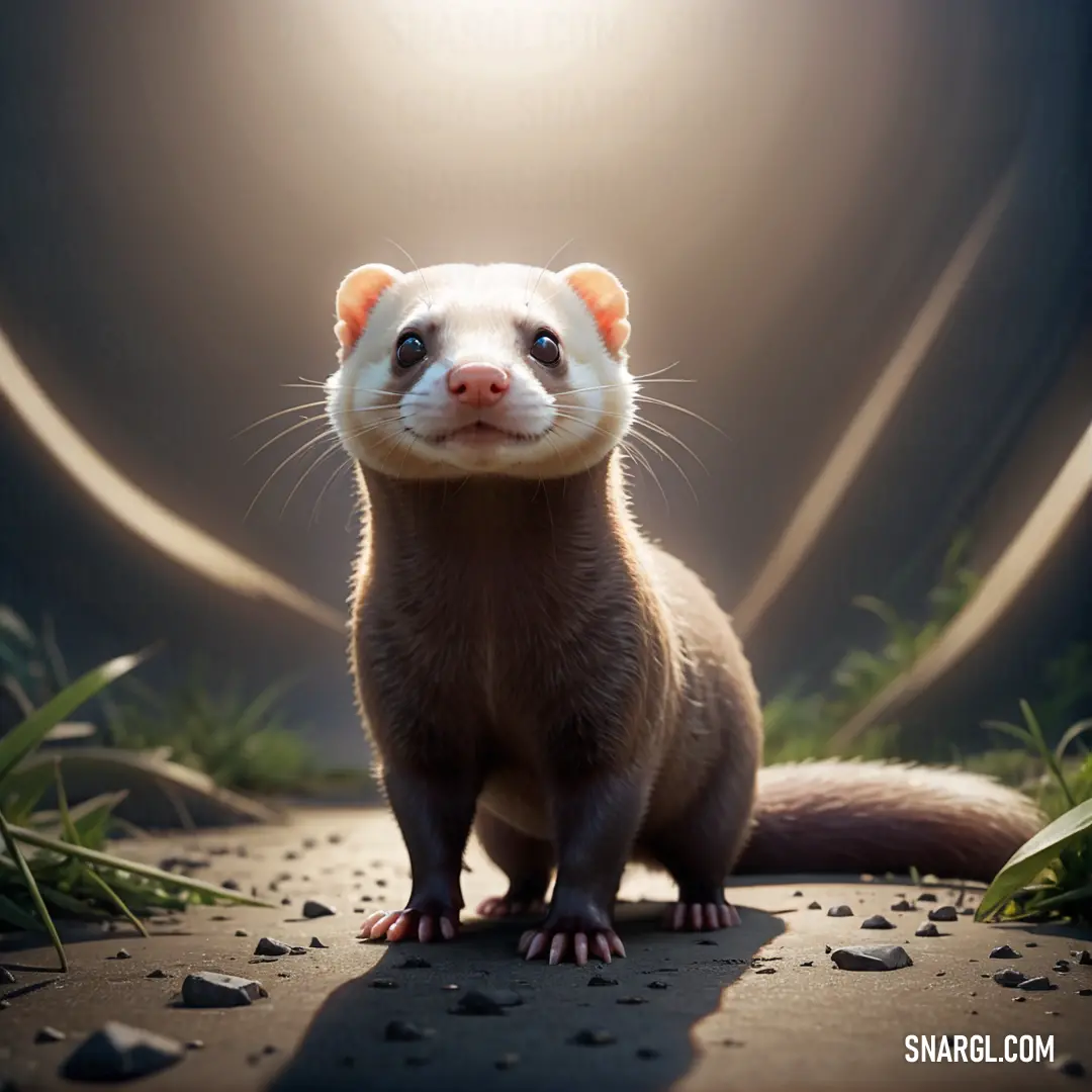 Ferret standing on a rock in front of a light source with grass and rocks around it and a dark background