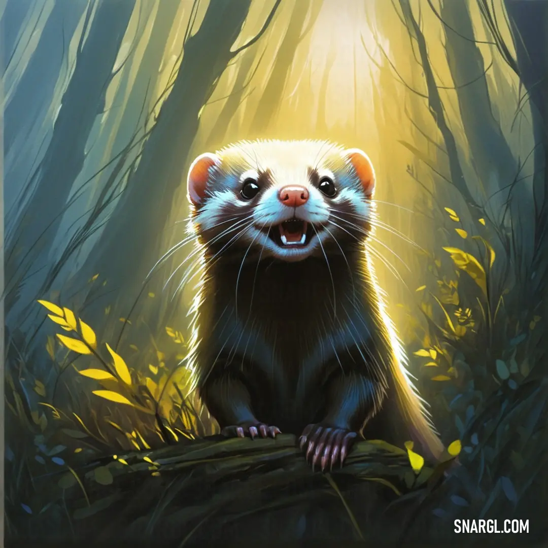 Painting of a ferret in a forest with a light shining on it's face and mouth