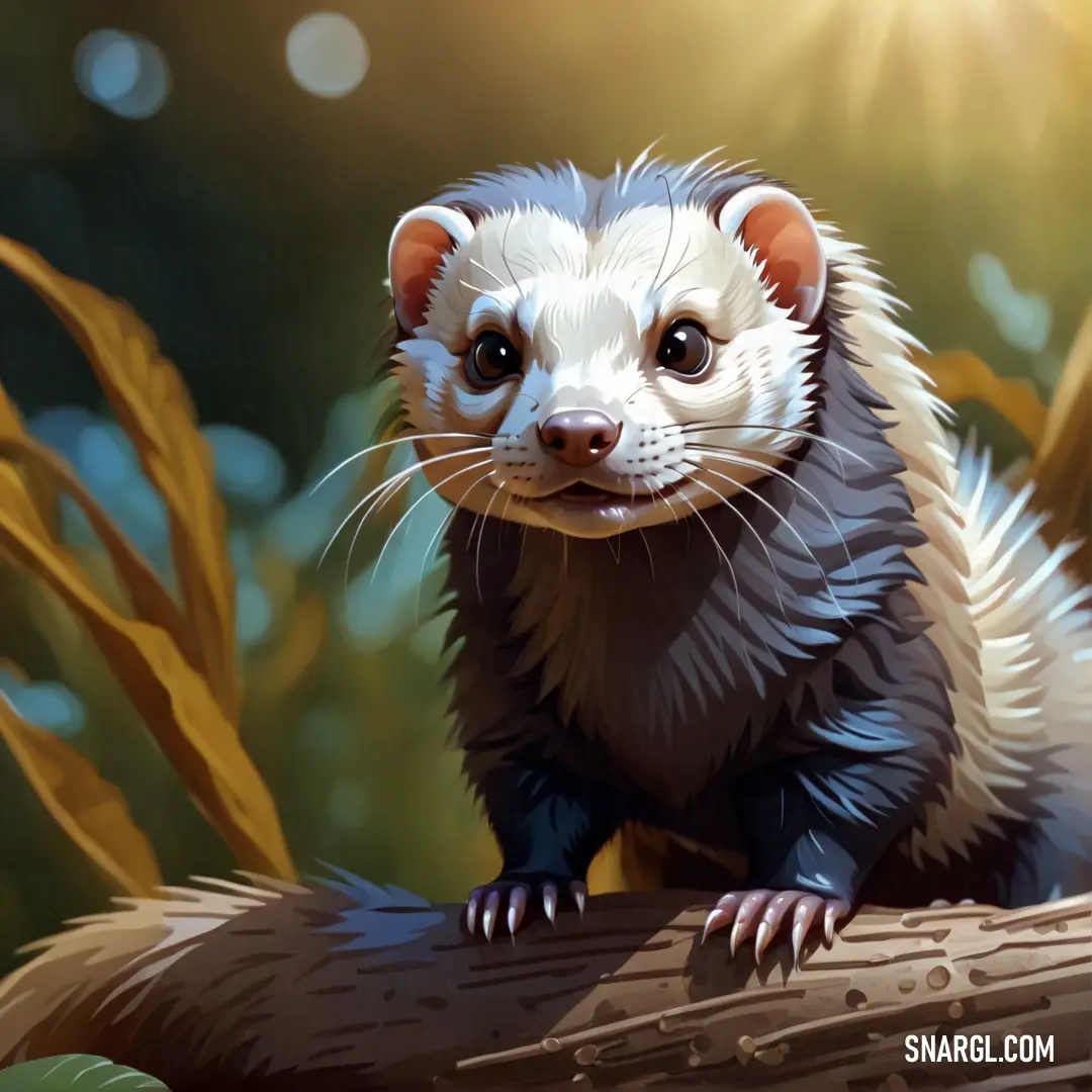 Painting of a ferret on a branch in the sun light, with a blurry background