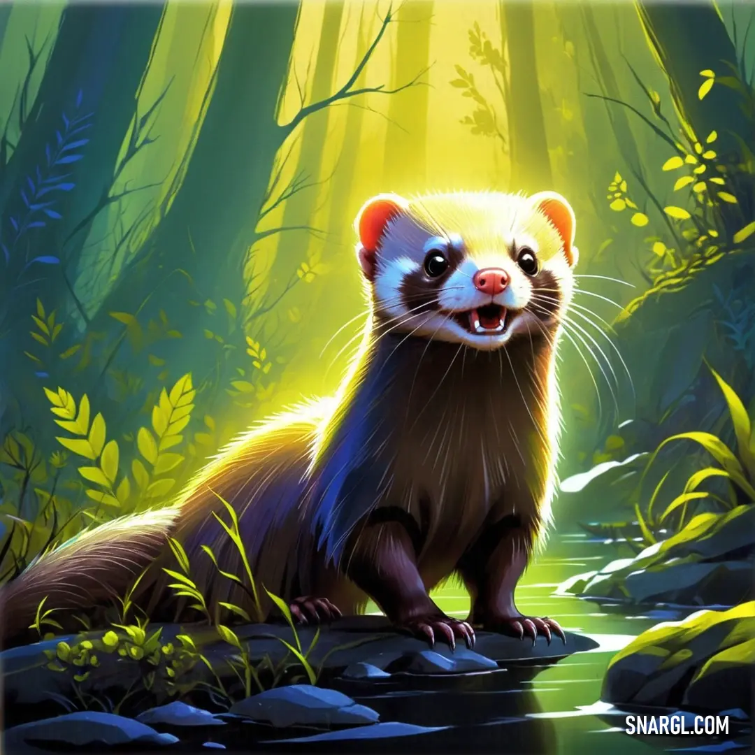 Painting of a ferret in a forest with sunlight coming through the trees and leaves on the ground