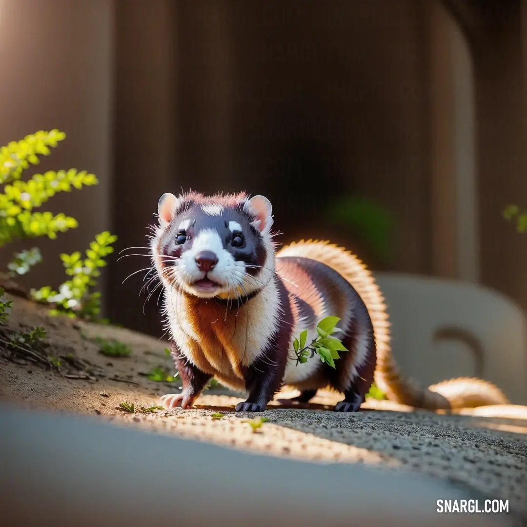 Small Ferret standing on top of a dirt field next to a tree branch and a building with a light on
