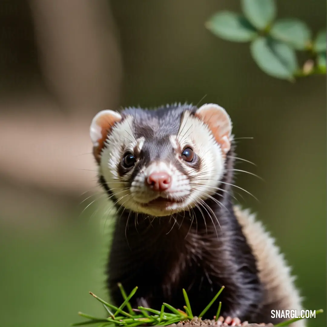 Small Ferret with a white face and black body and a green branch in the background