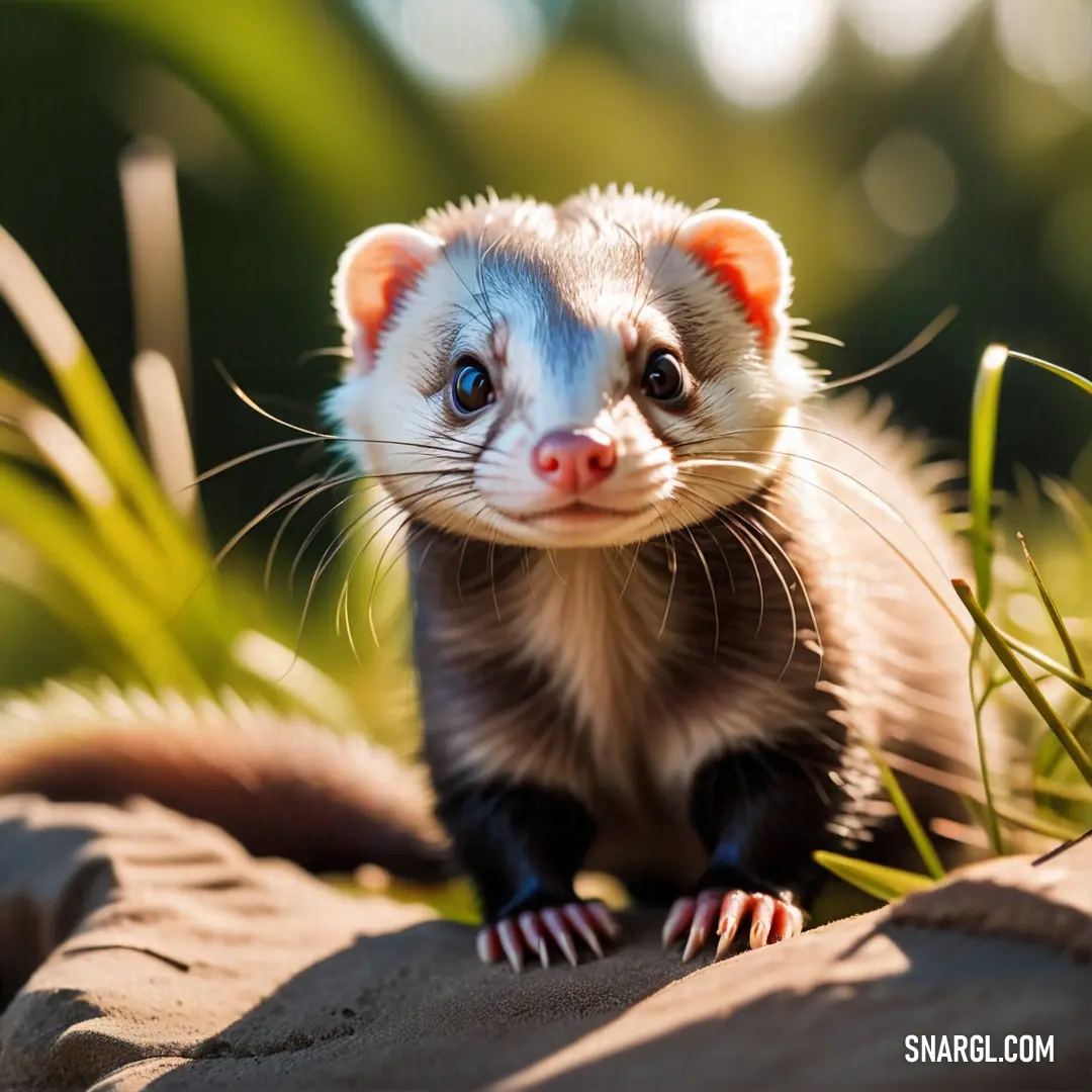Small ferret standing on top of a rock next to grass and trees in the background