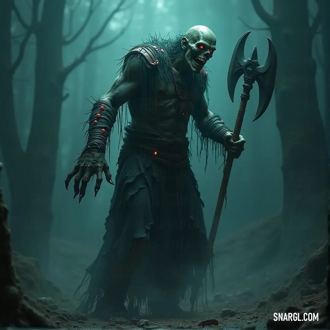 Festerer with a demon-like head holding a large axe, standing in a foggy forest with trees surrounding him. A fierce Festerer with a demon-like head brandishes a massive axe, standing tall among towering trees and thick fog, the dark forest setting an ominous stage for his next move.