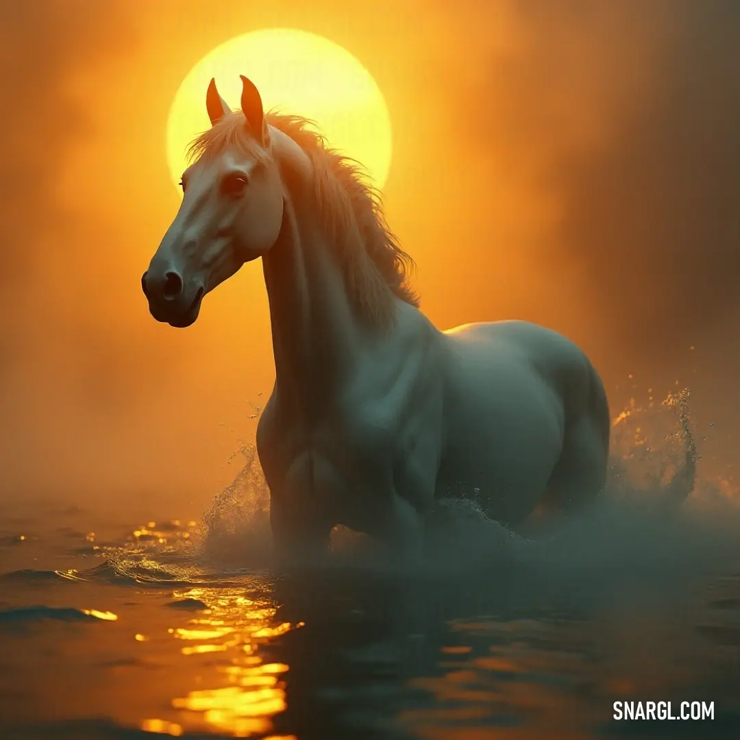 A captivating depiction of a white Fianna energetically running through shallow waters, with glorious golden light illuminating the scene, epitomizing freedom and vitality. A dynamic white Fianna dashes through glistening waters at sunrise or sunset, kicking up splashes that reflect the golden hues of the sky, a scene full of life and energy.