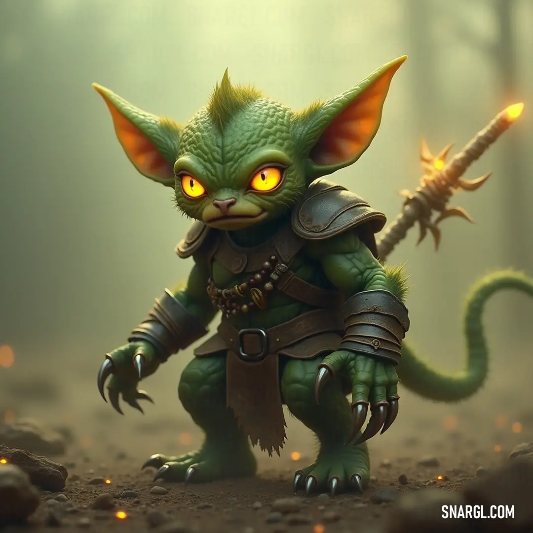 With an impressive sword gripped firmly, a green fidget with a single glowing yellow eye confidently embraces its surroundings in a rocky forest. The atmosphere thick with mystery highlights its warrior spirit ready for the next adventure ahead.