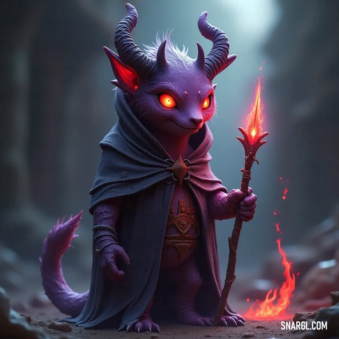 Purple Fidget Character in Dark Cave, Confronting Enigmatic Shadows and Flames A striking purple Fidget creature stands with a stick in its hand, set against the dark backdrop of a cave illuminated by red eyes and dancing flames. Its cape billows dramatically, creating a scene ripe with excitement and enchanting mystery.