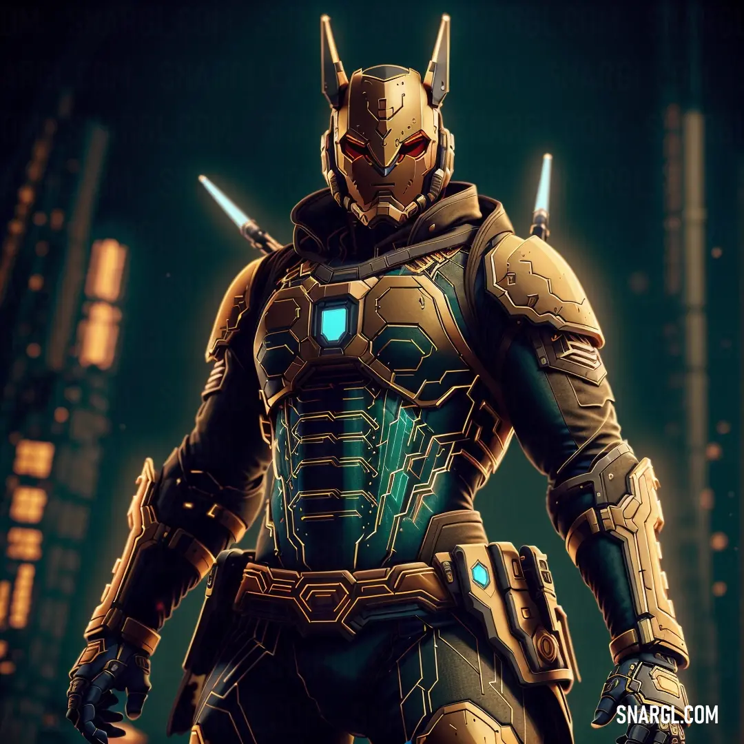 Character in a futuristic suit with horns and a helmet on