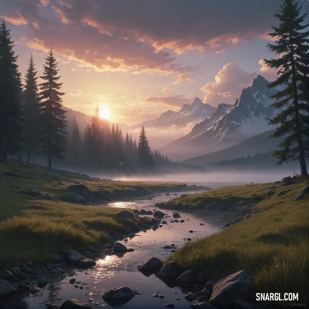 Painting of a mountain stream in the middle of a forest with a sunset in the background. Color #6C541E.