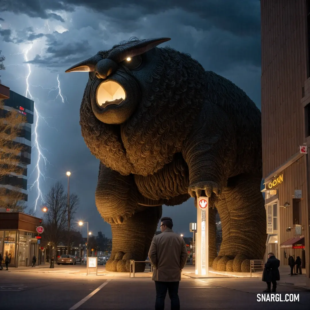 Giant monster statue is lit up at night with a lightning bolt in the background and a man standing in front of it