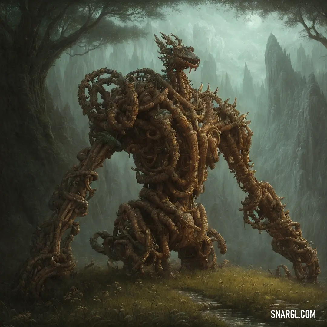 Giant robot made of wood in a forest with a path leading to it