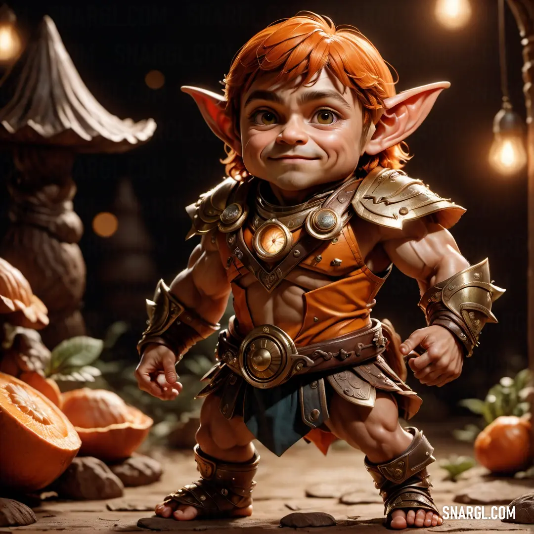 Troll with orange hair and a costume on standing in front of a pumpkin patch with lights on it