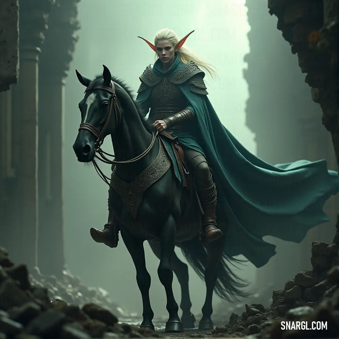 Fili in a green cape riding a horse through a cave like area with a stone wall and a doorway