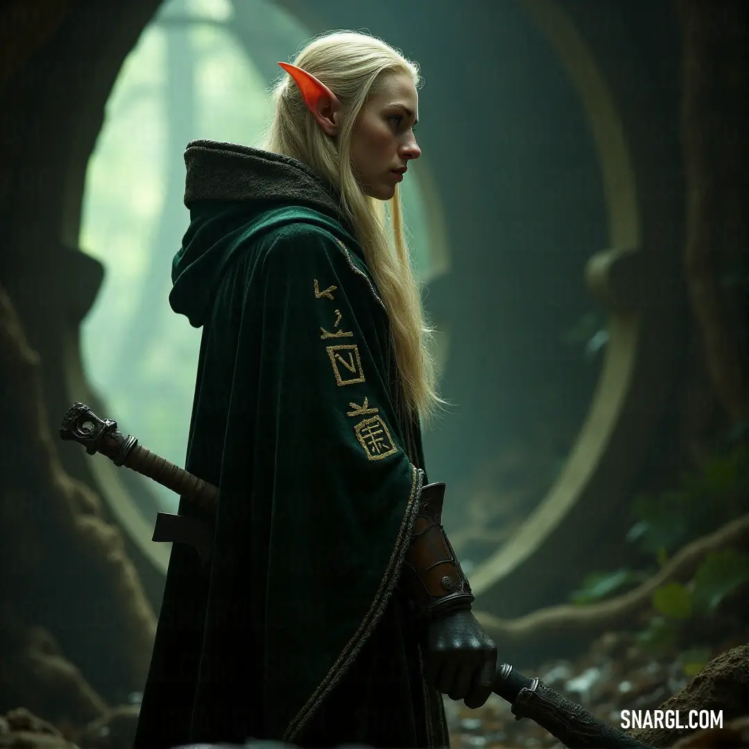 Fili in a green cloak holding a sword in a forest with a red bow on her head