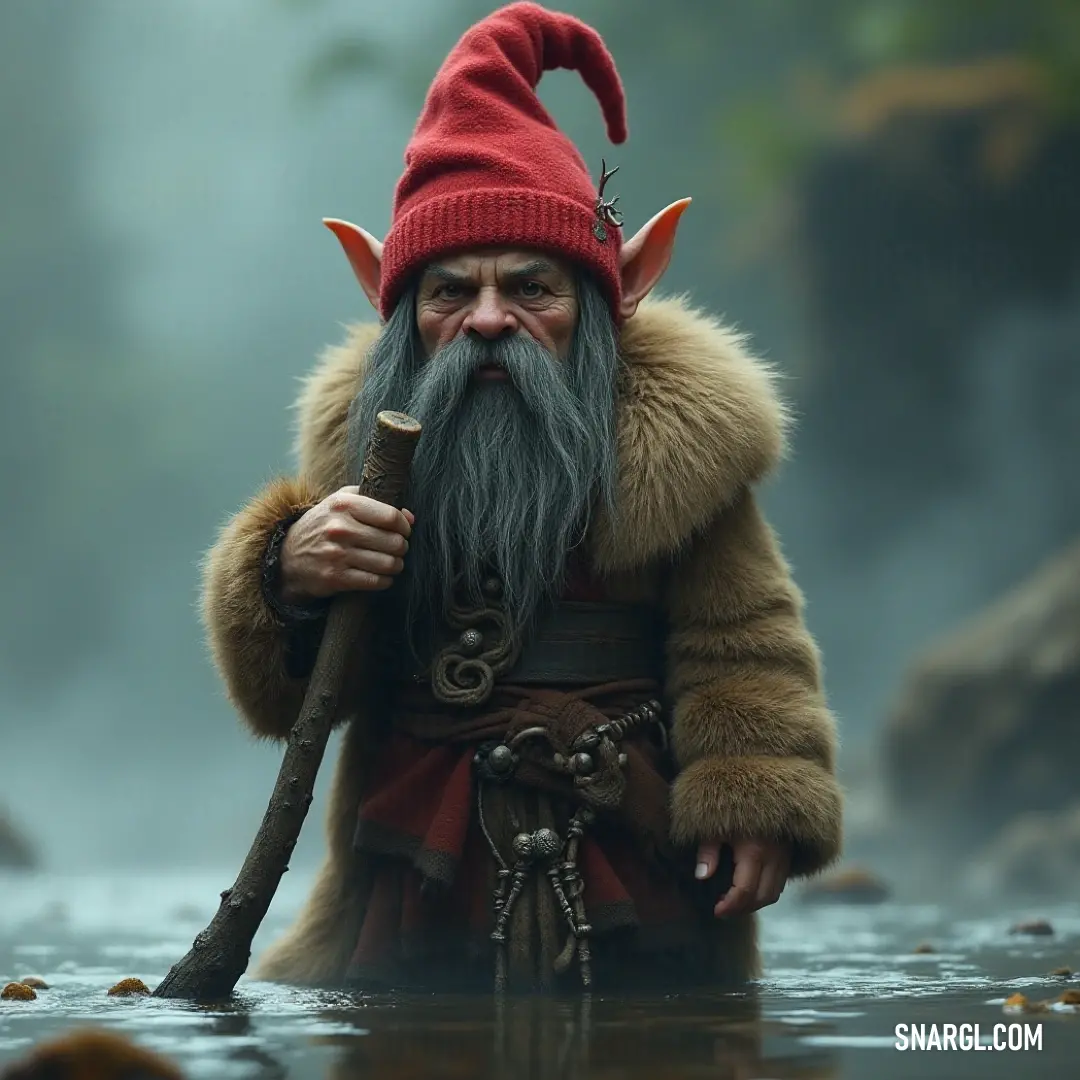 In a serene river, a wise Filur-Tomte with a long beard balances gracefully on the bank, a smoking pipe nestled in hand, evoking a sense of calm and contemplation amid the gentle currents.